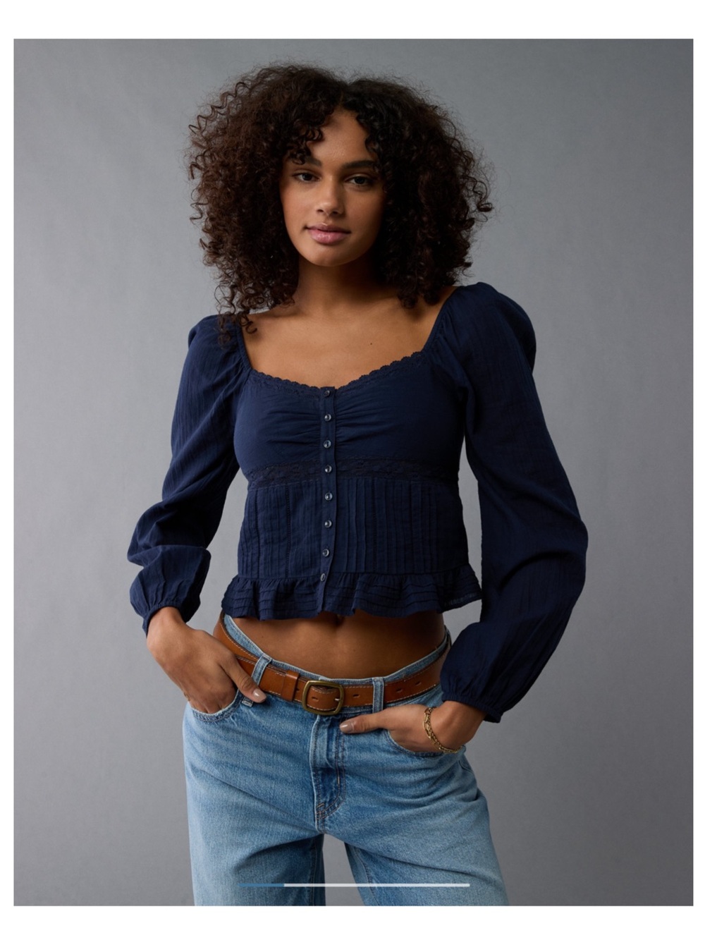 American Eagle Outfitters Navy Button-Front Peasant Top